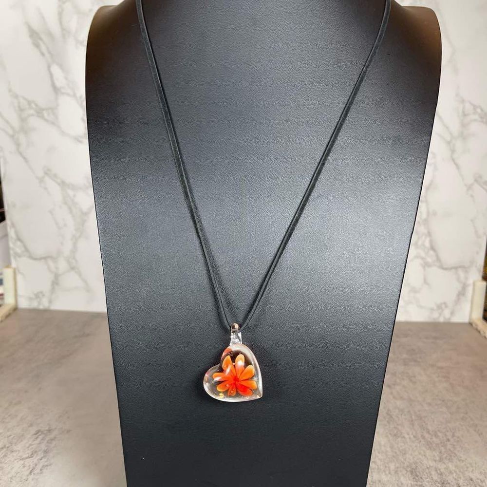Art Glass Pendant With Red Flower Necklace 10$